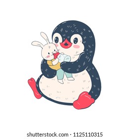 Winter illustration with funny cartoon penguin with a toy Bunny . Vector.