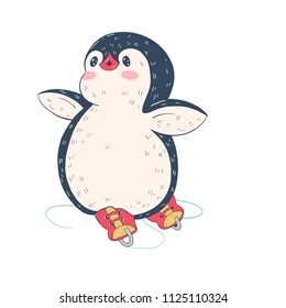 Winter illustration with funny cartoon penguin on skates . Vector.