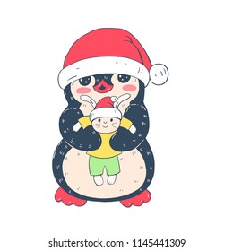 Winter illustration with funny cartoon penguin with a toy Bunny. Vector.