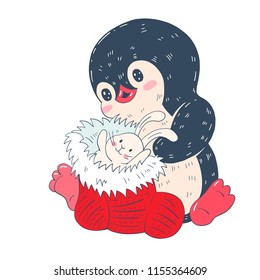Winter illustration with funny cartoon penguin with Christmas sock and a toy Bunny  isolated on a white background. Vector