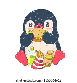 Winter illustration with funny cartoon penguin  with a hamburger  isolated on a white background. Vector