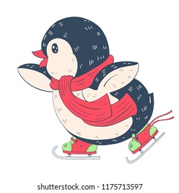 Winter illustration with funny cartoon penguin on skates. Vector.