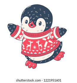 Winter illustration with funny cartoon penguin  in a Christmas sweater. Vector.