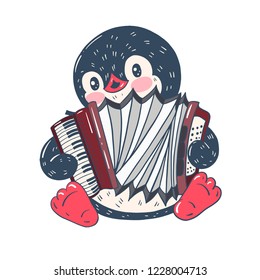 Winter illustration with funny cartoon penguin   with the accordion. Vector.