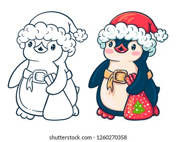 Winter illustration with funny cartoon penguin with a gift.  Painted and monochrome version.  Vector.