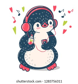 Winter illustration.  Funny cartoon penguin with the players. Vector.