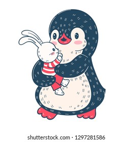Winter illustration with funny cartoon Penguin with a toy Bunny. Vector.
