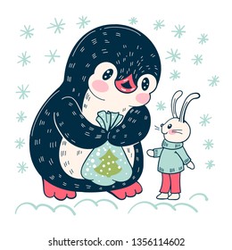 Winter illustration with funny cartoon penguin and Bunny. Vector.