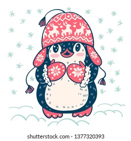 Winter illustration with funny cartoon penguin in a warm hat. Vector.