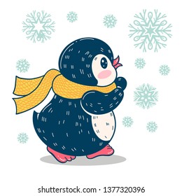 Winter illustration with funny cartoon penguin with snowflakes.  Vector.