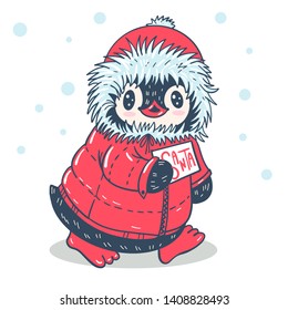Winter illustration. Funny cartoon penguin with a letter for Santa Claus. Vector.