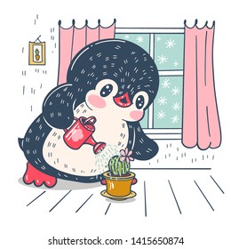 Winter illustration with funny cartoon penguin watering the cactus. Vector.