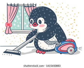 Winter illustration. Funny cartoon penguin  with vacuum cleaner. Vector.