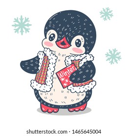 Winter illustration. Funny cartoon penguin  with a letter. Vector.