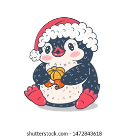 Winter illustration.  Funny cartoon penguin with tangerine. Vector.