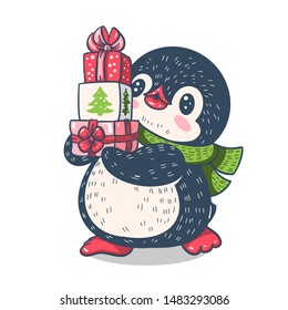 Winter illustration with funny cartoon penguin  with gifts. Vector.
