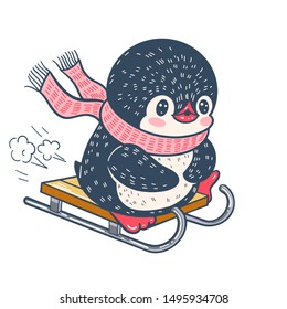 Winter illustration with funny cartoon penguin on a sledge. Vector.