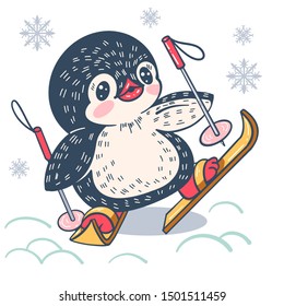 Winter illustration with funny cartoon penguin on skis. Vector.