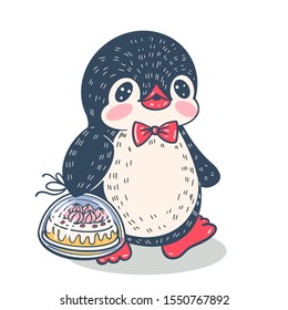 Winter illustration with funny cartoon penguin with cake. Vector.