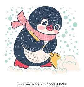 Winter illustration with funny cartoon penguin  removes snow shovel.  Vector.