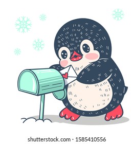 Winter illustration. Funny cartoon penguin with a letter. Vector.