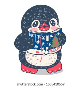 Winter illustration.  Funny cartoon penguin with a book. Vector.