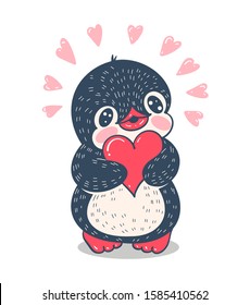 Winter illustration with funny cartoon penguin with hearts. Vector.