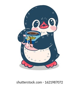 Winter illustration.  Funny cartoon penguin with a cup. Vector.