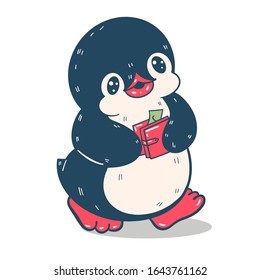 Winter illustration. Funny cartoon penguin with a wallet, isolated on a white background.  Vector.