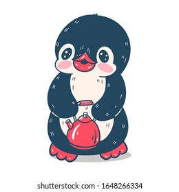 Winter illustration. Funny cartoon penguin with a kettle, isolated on a white background.  Vector.