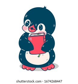 Winter illustration. Funny cartoon penguin with a book. Vector.