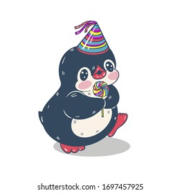Winter illustration. Funny cartoon penguin. Birthday.  Vector.