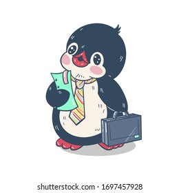 Winter illustration. Funny cartoon penguin Penguin-office worker. Vector.