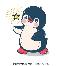 Winter illustration. Funny cartoon penguin on skis. Vector.