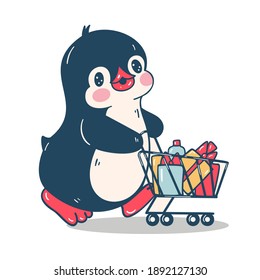 Winter illustration. Funny cartoon penguin in the shop,  isolated on a white background.  Vector.