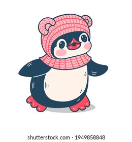 Winter illustration. Funny cartoon penguin  isolated on a white background.  Vector.