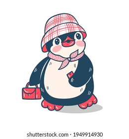 Winter illustration. Funny cartoon penguin  isolated on a white background.  Vector.