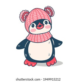 Winter illustration. Funny cartoon penguin  isolated on a white background.  Vector.