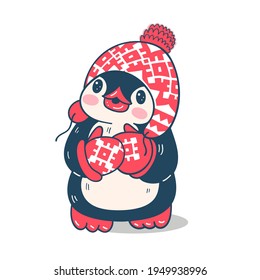 Winter illustration. Funny cartoon penguin  isolated on a white background.  Vector.