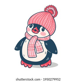 Winter illustration. Funny cartoon penguin  isolated on a white background.  Vector.