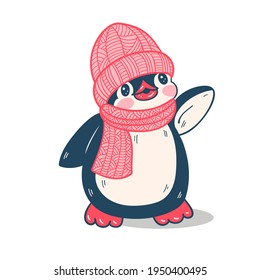 Winter illustration. Funny cartoon penguin  isolated on a white background.  Vector.