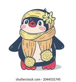 Winter illustration. Funny cartoon penguin  in a warm scarf,   isolated on a white background.  Vector.