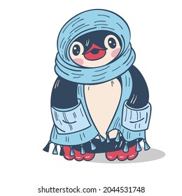 Winter illustration. Funny cartoon penguin  in a warm scarf,   isolated on a white background.  Vector.