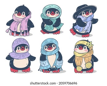 Winter illustration. Funny cartoon penguin  in a warm scarf,   isolated on a white background.  Vector.