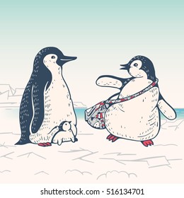 Winter illustration with funny cartoon penguin family.  Father,mother and baby. Vector.