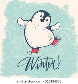 Winter illustration with funny cartoon penguin on skates. Vector.