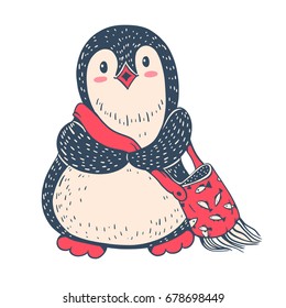Winter illustration with funny cartoon penguin with the bag. Vector.