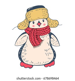 Winter illustration with funny cartoon penguin in a cap and scarf. Vector.