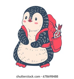 Winter illustration with funny cartoon penguin with a backpack and a fish. Vector.