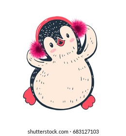 Winter illustration with funny cartoon penguin in headphones. Hand-drawn illustration. Vector.